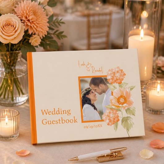 オレンジ色の花模様の結婚式ゲストブック ゲストブック