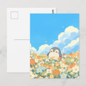 オレンジ色の花畑の可愛いペンギン ポストカード (正面/裏面)