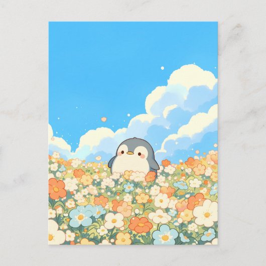 オレンジ色の花畑の可愛いペンギン ポストカード (正面)