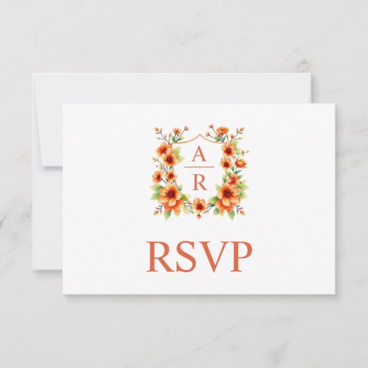 オレンジ色の花紋及びQRコードフローラ結婚 出欠カード (正面)