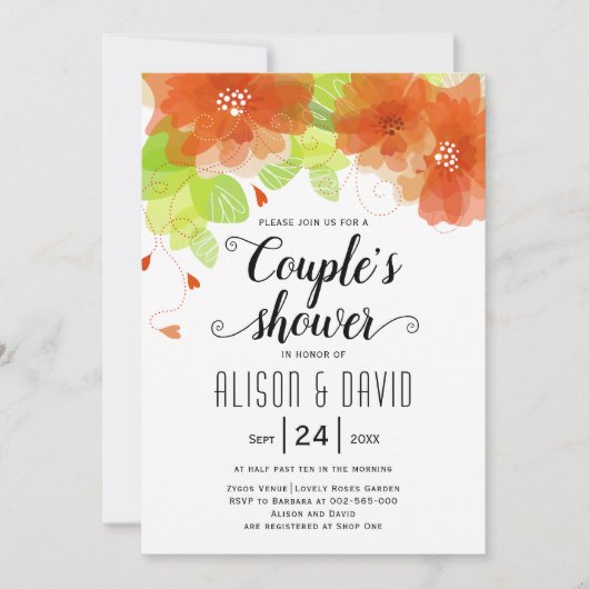 オレンジ色の花結婚のカップルのシャワー 招待状 (正面)
