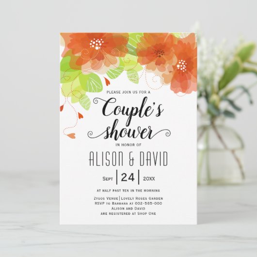 オレンジ色の花結婚のカップルのシャワー 招待状 (スタンド正面)