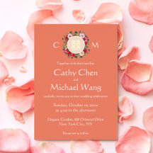 オレンジ色の花輪 中国風の結婚式ロゴイニシャル