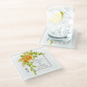 オレンジ色の花、アーチおよびモノグラム秋の結婚式 ガラスコースター (アングル)