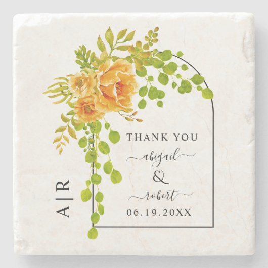 オレンジ色の花、アーチおよびモノグラム秋の結婚式 ストーンコースター (正面)