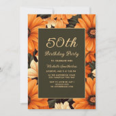 オレンジ色の花 ブラウン 50歳の誕生日 招待状 (正面)
