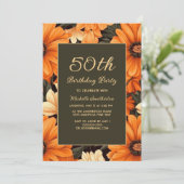 オレンジ色の花 ブラウン 50歳の誕生日 招待状 (スタンド正面)