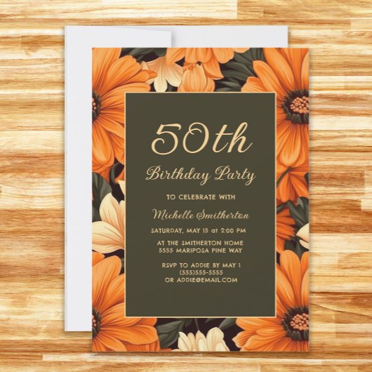 オレンジ色の花 ブラウン 50歳の誕生日 招待状