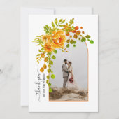 オレンジ色の花、写真付きアーチ秋の結婚式 サンキューカード (正面)