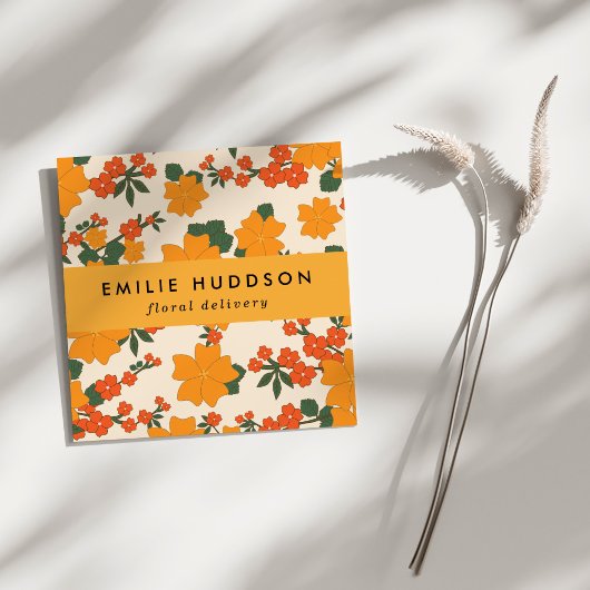オレンジ色の花、緑、花屋、花屋 スクエア名刺