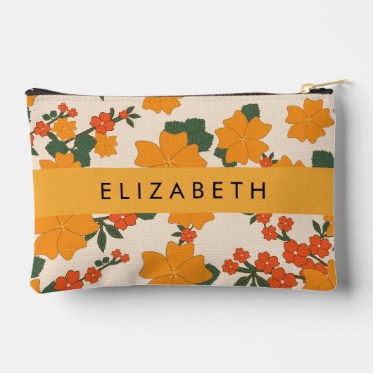 オレンジ色の花、花のパターン、あなたの名前 アクセサリーポーチ (裏面)