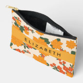 オレンジ色の花、花のパターン、あなたの名前 アクセサリーポーチ (見開き)