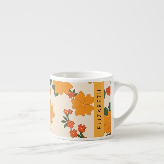 オレンジ色の花、花のパターン、あなたの名前 エスプレッソカップ (右)