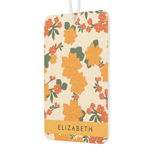 オレンジ色の花、花のパターン、あなたの名前 カーエアーフレッシュナー (左)