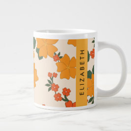 オレンジ色の花、花のパターン、あなたの名前 ジャンボコーヒーマグカップ