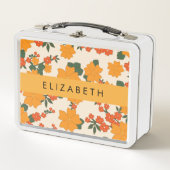 オレンジ色の花、花のパターン、あなたの名前 メタルランチボックス (正面)