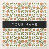 オレンジ色の花、花の模様、ぼほ、あなたの名前 ガラスコースター (正面)