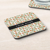 オレンジ色の花、花の模様、ぼほ、あなたの名前 コースター (左側)