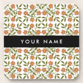 オレンジ色の花、花の模様、ぼほ、あなたの名前 コースター (正面)