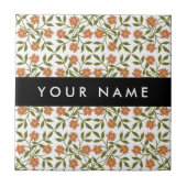 オレンジ色の花、花の模様、ぼほ、あなたの名前 タイル (正面)