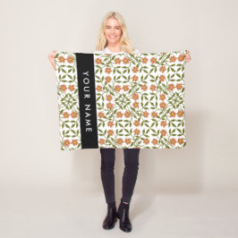 オレンジ色の花、花の模様、ぼほ、あなたの名前 フリースブランケット