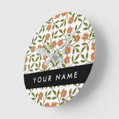 オレンジ色の花、花の模様、ぼほ、あなたの名前 ラウンド壁時計 (傾斜)