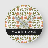 オレンジ色の花、花の模様、ぼほ、あなたの名前 ラウンド壁時計 (正面)