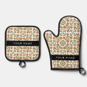 オレンジ色の花、花の模様、ぼほ、あなたの名前 鍋つかみ&鍋敷きセット (正面)