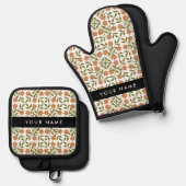 オレンジ色の花、花の模様、ぼほ、あなたの名前 鍋つかみ&鍋敷きセット (正面/裏面)