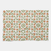 オレンジ色の花、花の模様、緑、ぼほ キッチンタオル (横)