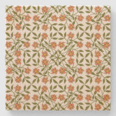 オレンジ色の花、花の模様、緑、ぼほ ストーンコースター (正面)