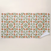 オレンジ色の花、花の模様、緑、ぼほ ビーチタオル (正面)