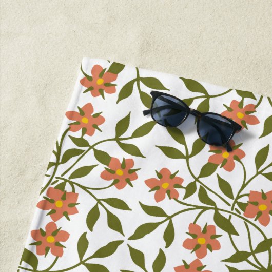 オレンジ色の花、花の模様、緑、ぼほ ビーチタオル (インサイチュ)