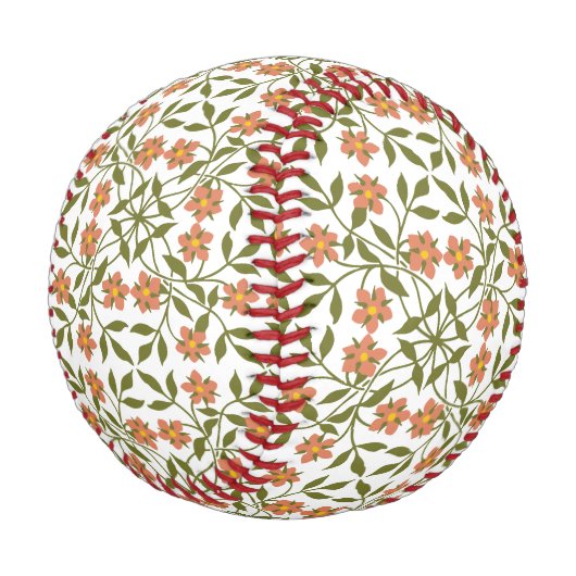 オレンジ色の花、花の模様、緑、ぼほ 野球ボール (アングル)