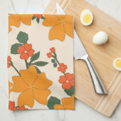 オレンジ色の花、花柄、花柄 キッチンタオル (四つ折り)