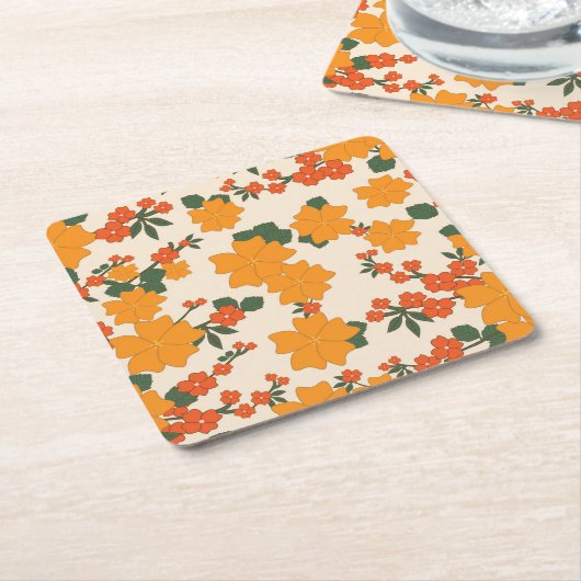 オレンジ色の花、花柄、花柄 スクエアペーパーコースター (アングル)