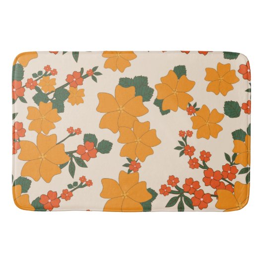 オレンジ色の花、花柄、花柄 バスマット (正面)