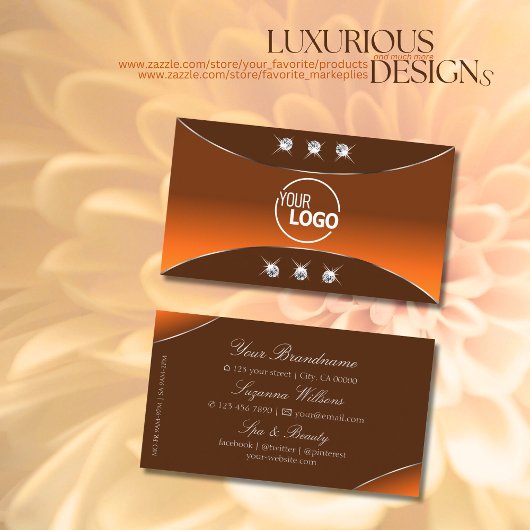 オレンジ色の茶色とシルバーデコールの宝石とロゴ 名刺