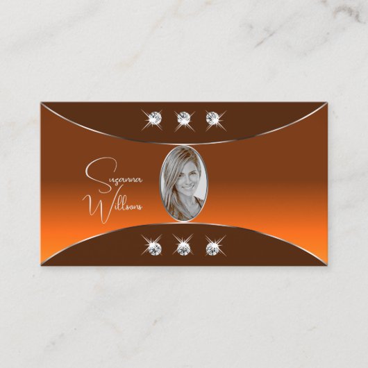 オレンジ色の茶色とシルバーデコールの宝石と写真 名刺 (正面)