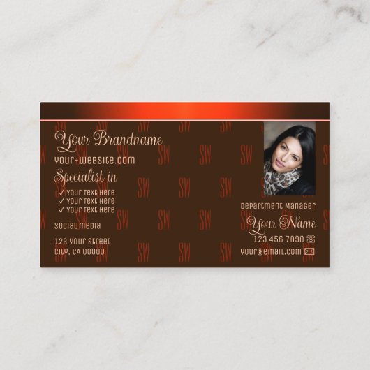 オレンジ色の茶色と写真とシックなモノグラムパターン 名刺 (裏面)