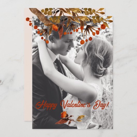 オレンジ色の茶色の葉のオーバーレイ自分の写真を追加 シーズンカード (正面/裏面)