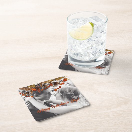 オレンジ色の茶色の葉バレンタイン自分の写真を追加 スクエアペーパーコースター (インサイチュ)