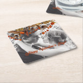 オレンジ色の茶色の葉バレンタイン自分の写真を追加 スクエアペーパーコースター (アングル)