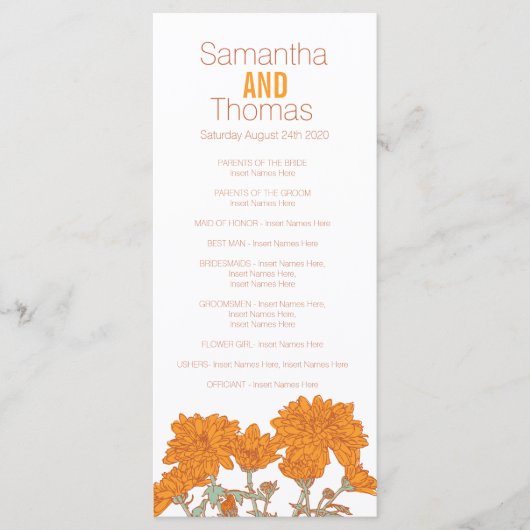 オレンジ色の菊の結婚式のプログラムラックカード プログラム (正面)