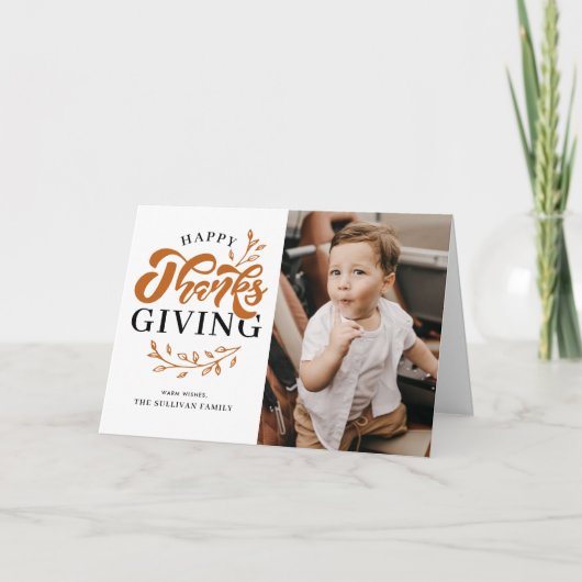 オレンジ色の葉のリース写真ハッピー感謝祭 シーズンカード (正面)