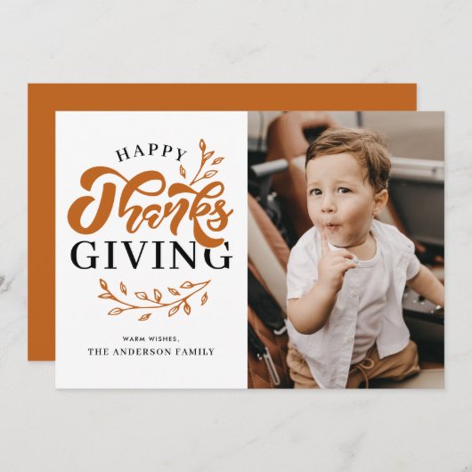 オレンジ色の葉のリース写真ハッピー感謝祭 シーズンカード (正面/裏面)