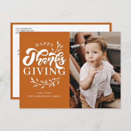 オレンジ色の葉のリース写真ハッピー感謝祭 シーズンポストカード (正面/裏面)