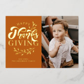 オレンジ色の葉のリース写真ハッピー感謝祭 箔シーズンカード (正面)