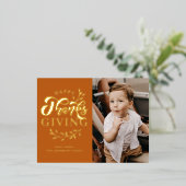 オレンジ色の葉のリース写真ハッピー感謝祭 箔シーズンポストカード (立ち正面)