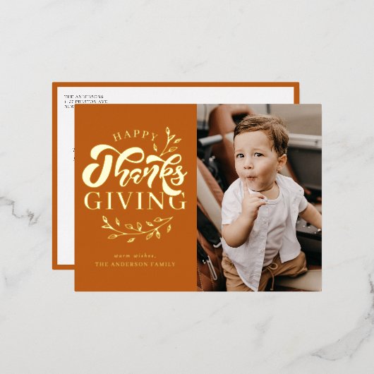 オレンジ色の葉のリース写真ハッピー感謝祭 箔シーズンポストカード (正面/裏面)